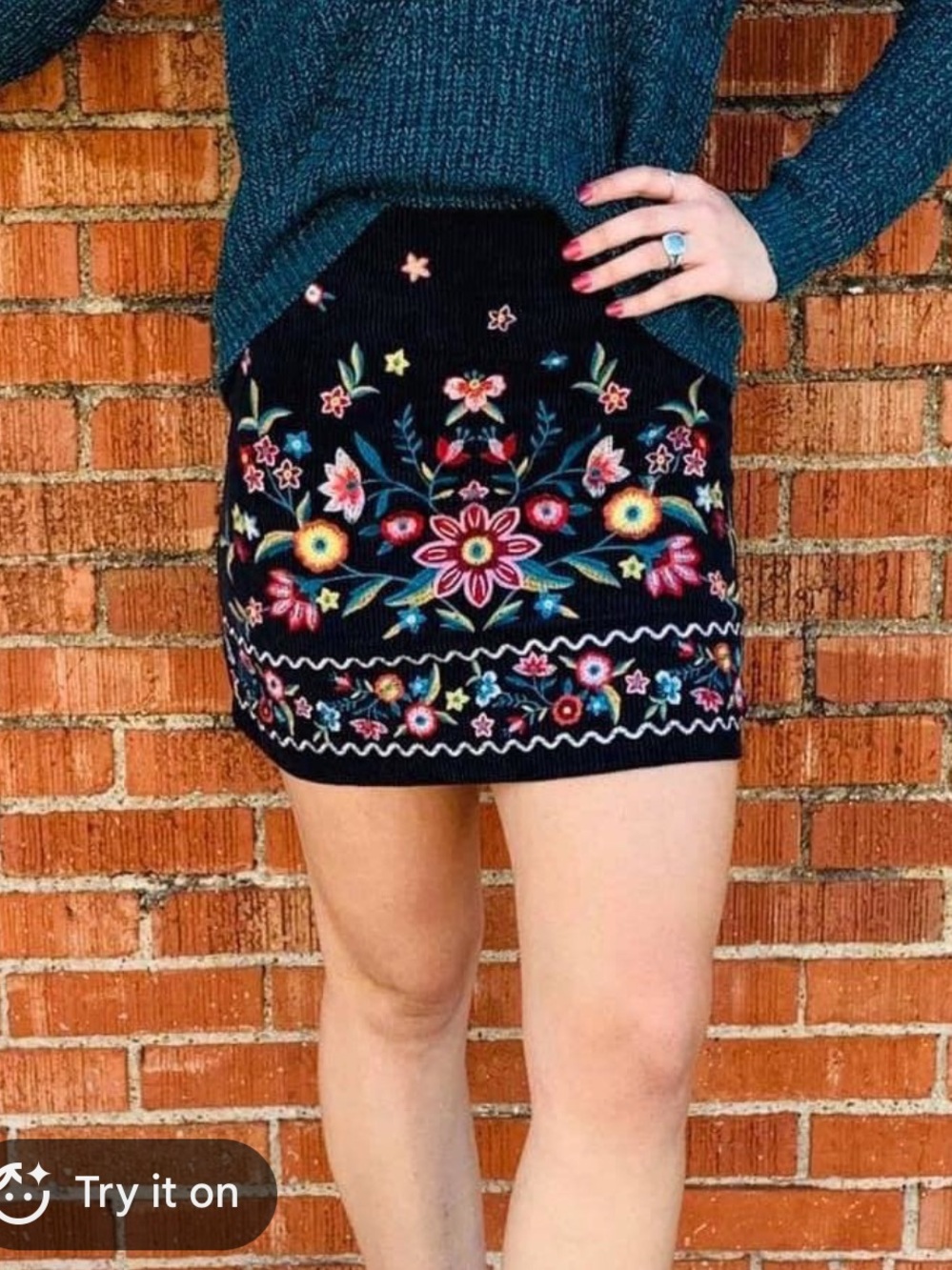 Umgee Black Mini Skirt with Multicolor Floral Embroidery